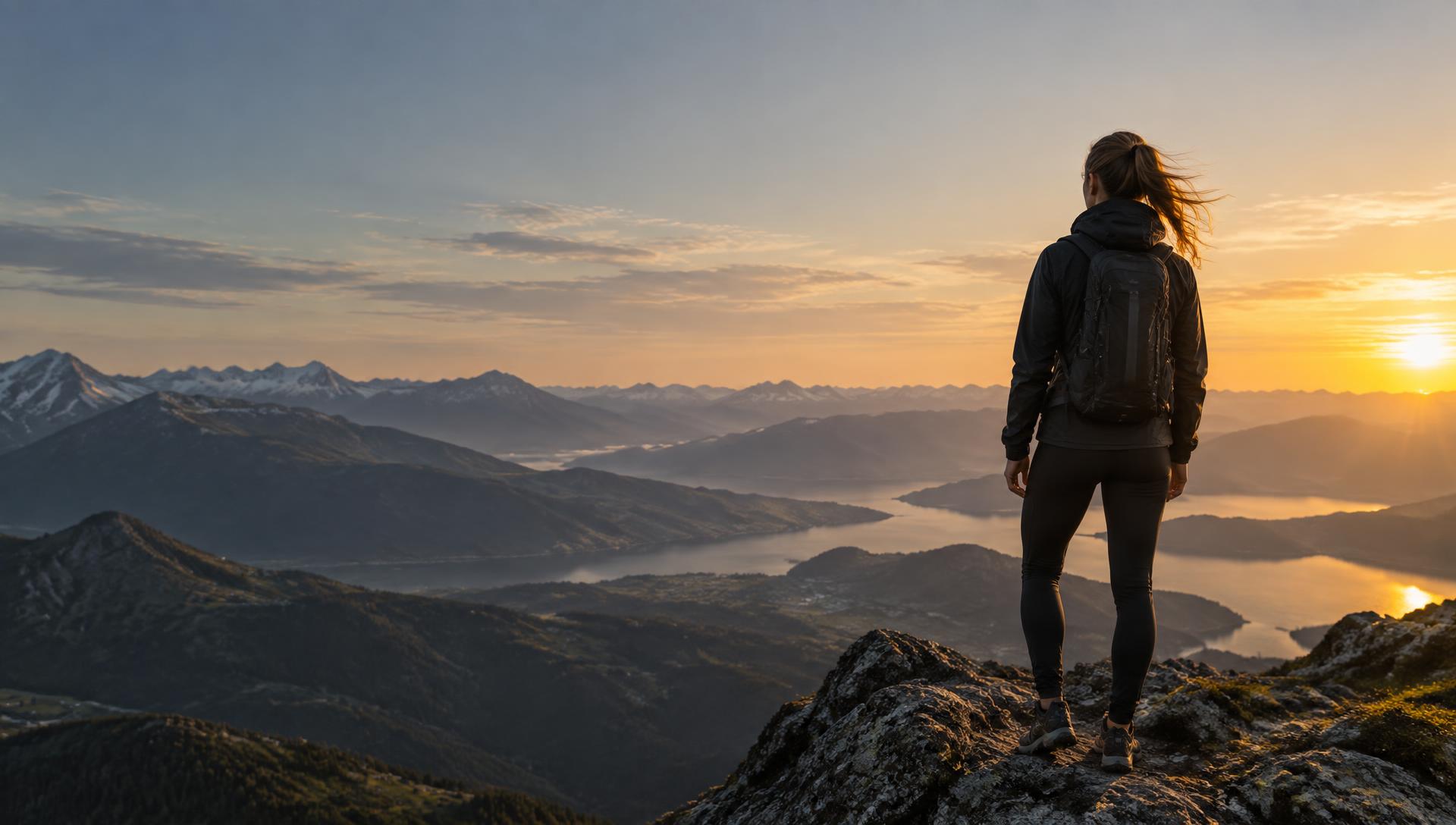 A mountain athlete overlooking a vast valley at sunset