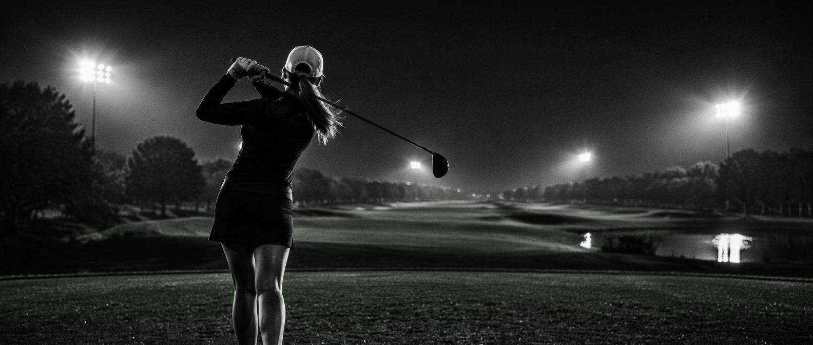 Female golfer mid-swing on a floodlit course at night